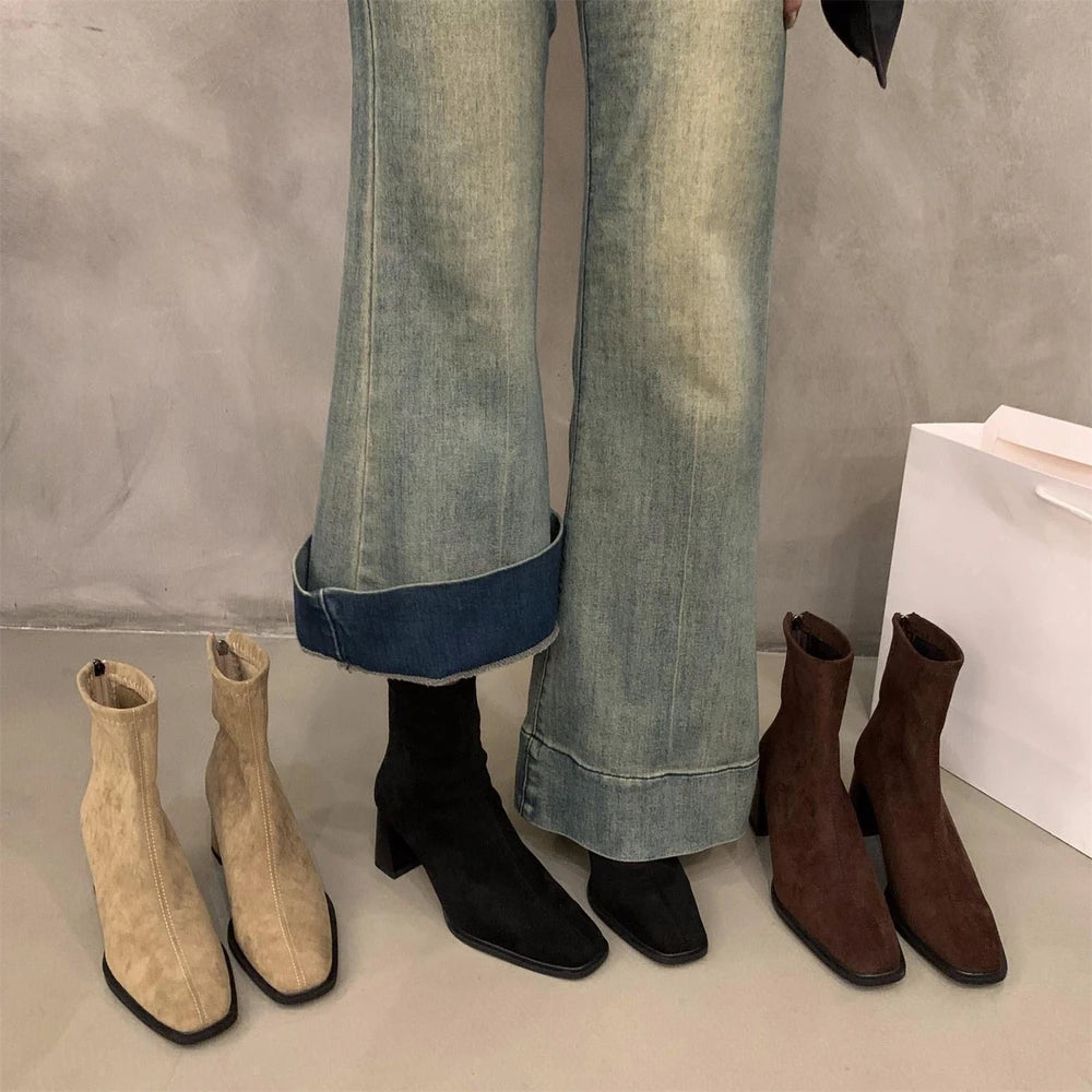 Womens Square Toe Suede Ankle Boots Block Heel Fashion Boots