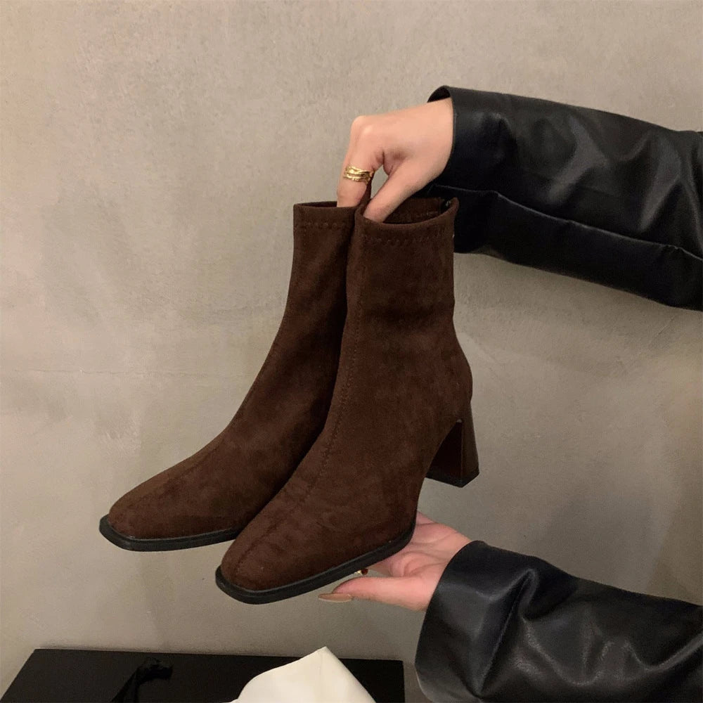 Womens Square Toe Suede Ankle Boots Block Heel Fashion Boots