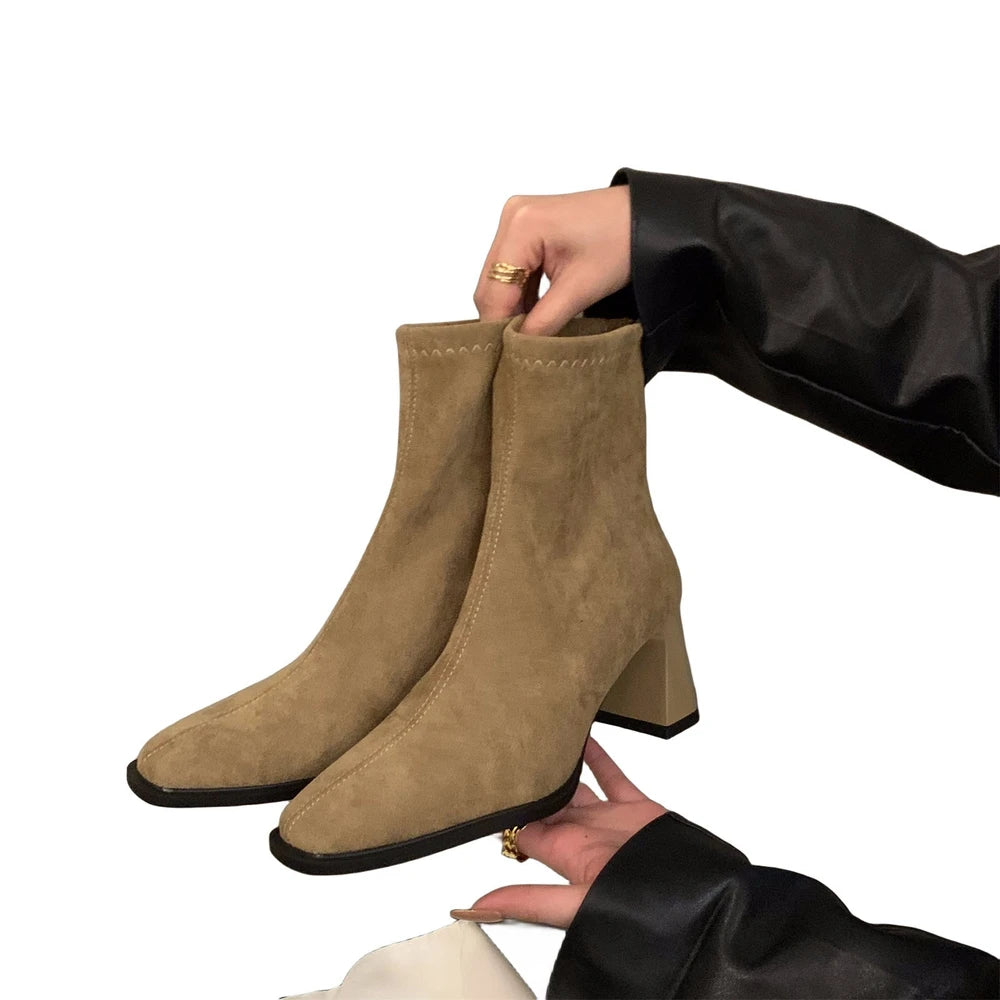 Womens Square Toe Suede Ankle Boots Block Heel Fashion Boots