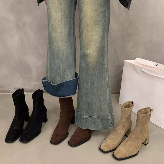 Womens Square Toe Suede Ankle Boots Block Heel Fashion Boots